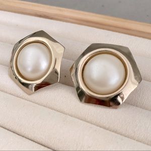 Vintage Gold Hexagon and Pearl Earrings